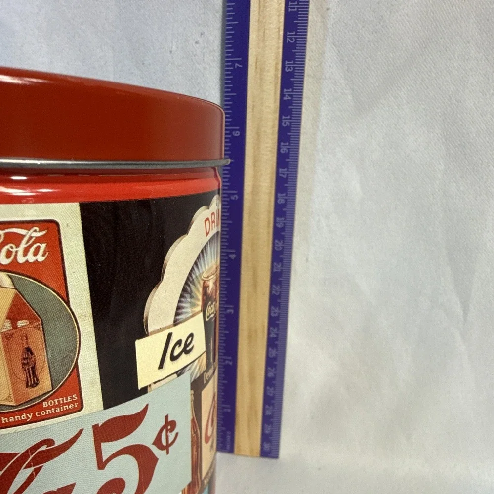 Coca-Cola Vintage Ads Collage Tin Canister w/ Lid, Red Multicolor Soda Repro